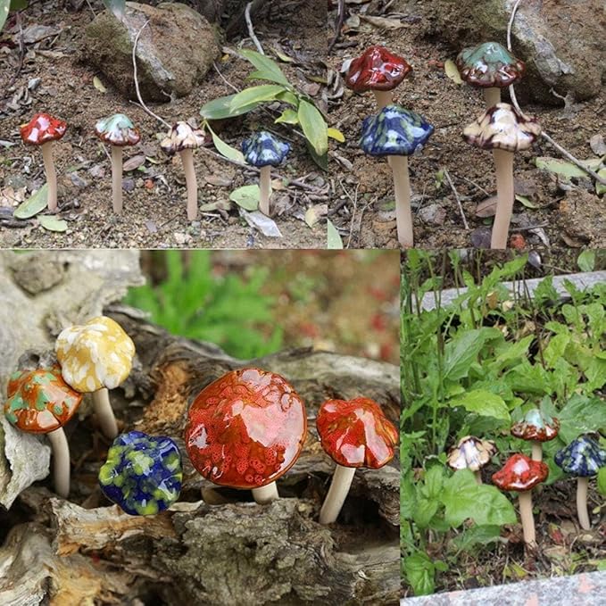 kathson 6 PCS Garden Decor Mushroom - Ceramic Mushrooms for Garden, Yard, Fairy Garden Stakes Lawn Ornament Plants Stakes Accessories Pottery Ornament 4.52" in Height (Random Color)