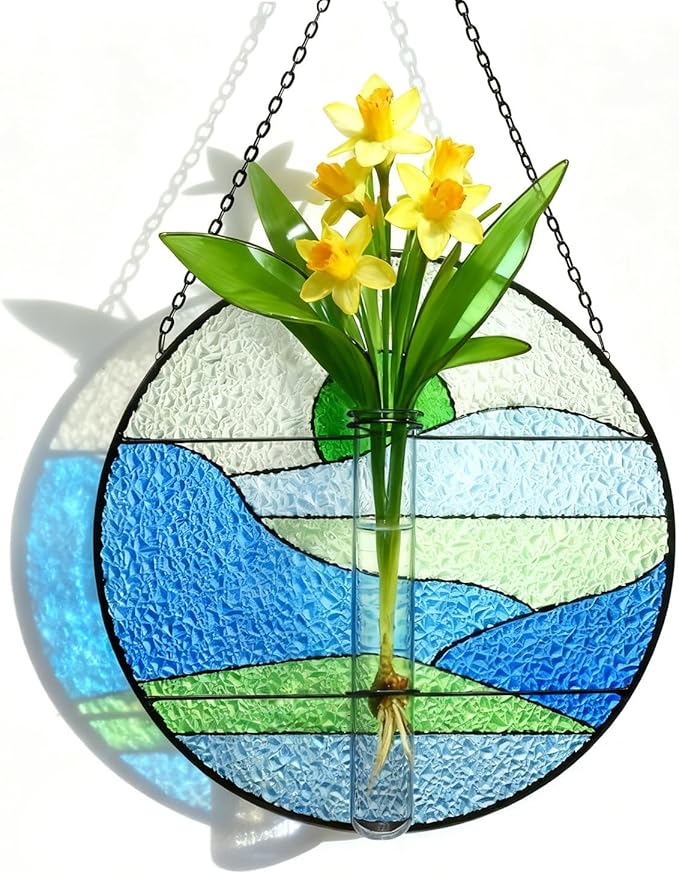 Stained Glass Propagation Stations - Sunshine Catcher Window Hanging Plant Holder, Terrariums Wall Decor for Women Mom Plant Lovers Gardening Gifts, Blue