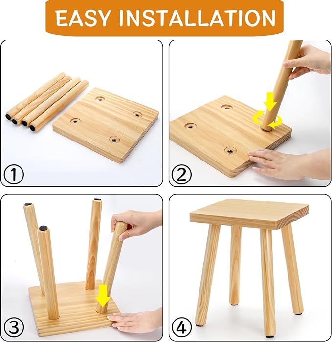Goaste 9.5 Inch Wooden Step Stool, Solid Square Sitting Stools for Adults Kids, Multi-Purpose Short Chair Perfect Matched Sensory Table, 4-Legged Small Foot Rest Stool for Playroom, Kitchen, Bedroom