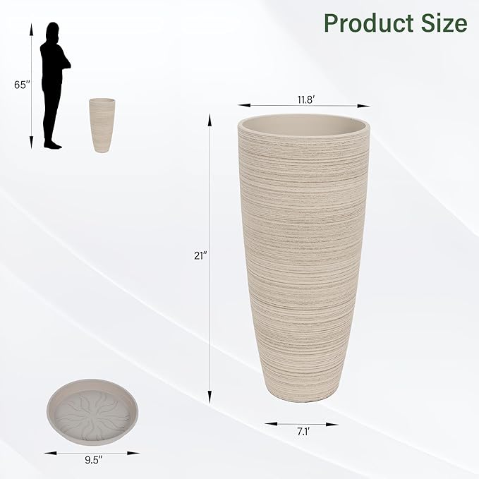 Neoaider Set of 2 Tall Planter, 21 inch Large Plastic Planter with Drain Hole & Saucers, Large Outdoor Planters for Porch, Garden, Patio, Balcony(Oat Color)