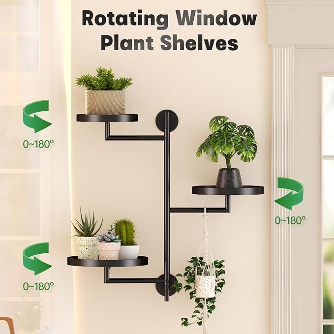 YQSLYSF Window Rotating Plant Stand Shelf Indoor Black Metal Floating Shelves 3-Tier Wall Mount Plant Holders for Living Room Wall Planter Modern Home Decor for Gardening