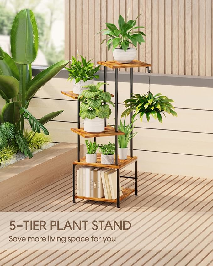 Homsorout Plant Stand Indoor, 5-Tier Tall Plant Stand Indoor, Metal Plant Shelf with Hanging Basket Hook, Ideal Corner Plant Table for Living Room, Balcony, Garden, Patio (Brown)