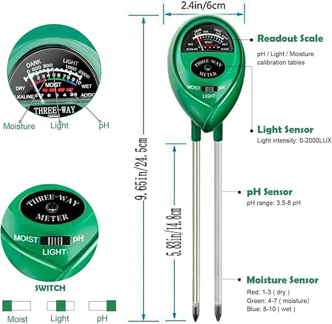 Soil Tester, Soil Test Kit Acidity Water, 3-in-1 Plant Moisture Meter Light/Moisture/PH Tester for Home, Garden, Lawn, Farm, Indoor and Outdoor Use, Promote Plants Healthy Growth
