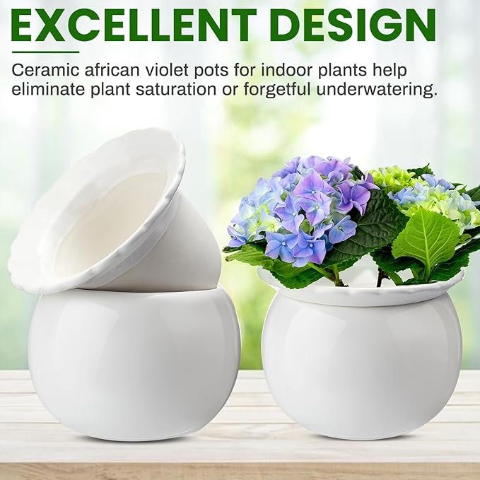 Suclain 2 Pcs African Violet Pots, 6.5 Inch Self Watering Pots for Indoor Flowers and Plants Ceramic Easy Self Watering Plant Pot with Highly Absorbent Inner Planter Pot for Tropical Plants(White)