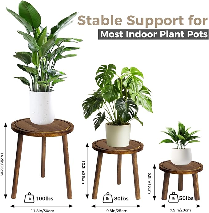 Janedream 3-Pack Wooden Plant Stands, Small Indoor Plant Stool Set, Round Wood Flower Pot Holders for Corner Display, Living Room, Balcony & Office