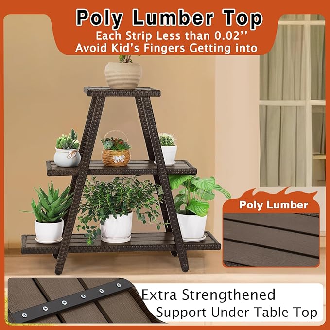 Outdoor Plant Stand for Patio 3 Tier Plant Stand Shelf with Wicker Poly Lumber Flower Stand Holder Tiered Multi Ladders Plant Holder Display Rack with Adjustable Feet for Outside Balcony Porch Brown