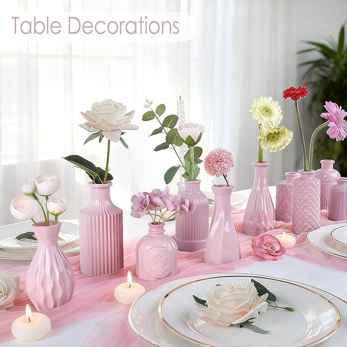 TBWIND Blush Pink Glass Bud Vase Set of 12 – Mini Vintage Vases for Flowers, Centerpieces, Wedding & Home Décor