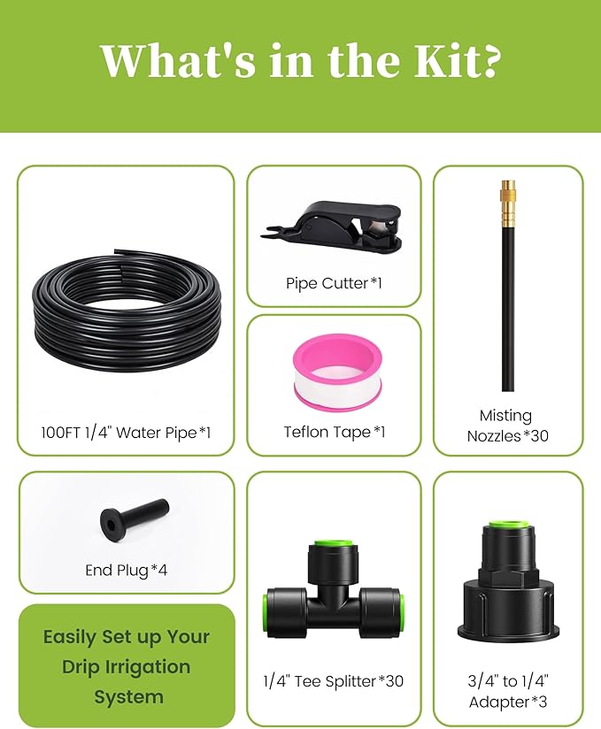 RAINPOINT 100FT Drip Irrigation System, Garden Watering Kit with 30pcs 360°Adjustable Copper Nozzles, Automatic Atomizing Watering Sprinkler System for Greenhouse, Lawn, Raised Beds, Outdoor Plants