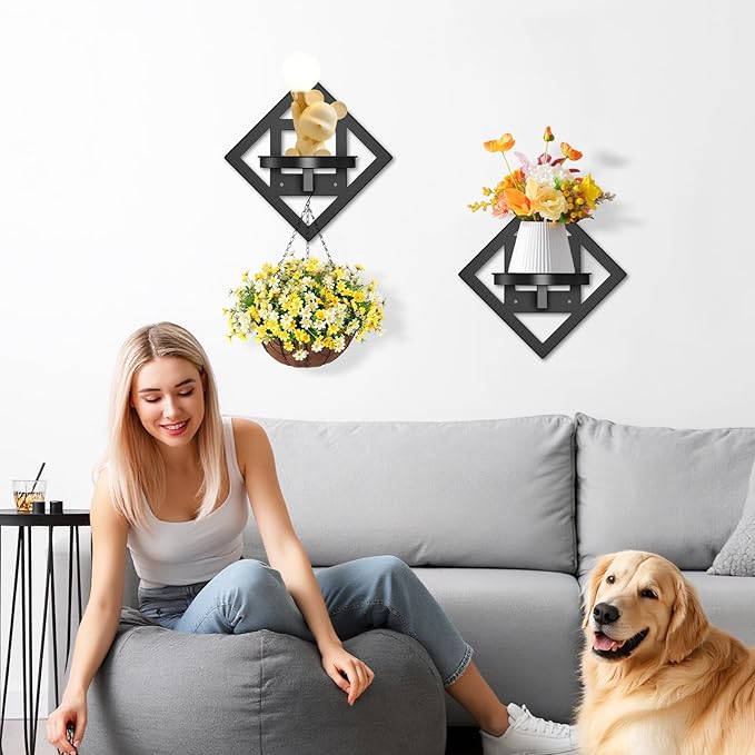 Plant Hangers Shelves Wall Mounted Indoor, Metal Window Plant Holders, 2Pcs Modern Floating Flower Display Stand for Outdoor Kitchen Bathroom Decor, Black