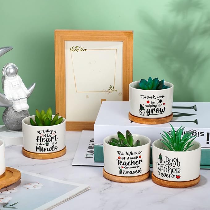 Potchen 6 Pcs Teacher Appreciation Gifts Bulk Succulent Pots Thank You for Helping Me Grow Planter with Bamboo Tray Funny Ceramic Succulent Gifts for Teacher, Women, Coworker
