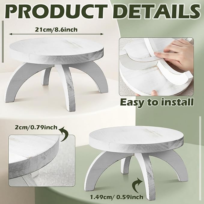 Novabright 2 Pcs Short Plant Pedestal Wood Plant Stool Round Low Wood Riser Pedestal Display Decor Flower Indoor Outdoor Rustic Farmhouse Table Balcony Decor Board Flower Holder Rise (White)