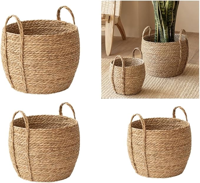 Wicker Planter Basket, Rattan Grass Woven Flower Basket, Decorative Round Wicker Woven Rope Storage Blanket Basket with Woven Handles,Planter Pot for Living Room,Floor Standing Storage (Large)