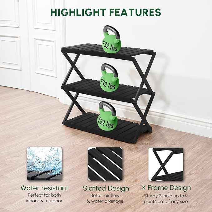 BEEFURNI Acacia Plant Stand Indoor, Wooden Outdoor Plant Stand, Foldable Plant Stand, 3 Tier Conner Space Flower Stand, Plant Ladder Stand (Black)
