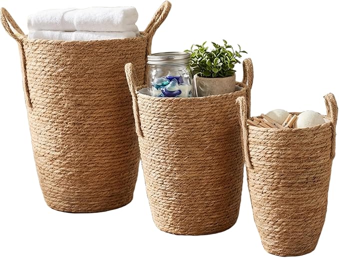 3PCS Rattan Planter, 3 Sizes Seagrass Woven Plant Basket with Waterproof Liner, Plant Baskets Indoor with Handle for Balcony Home Decoration, Woven Basket for