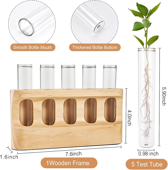 Tigvio Plant Propagation Station with 9-Level Dimmable LED Light, 5 Glass Test Tube Vases, Wooden Stand for Hydroponic Plants, Gardening Gift for Women & Plant Lovers, Desktop Terrarium & Home Decor