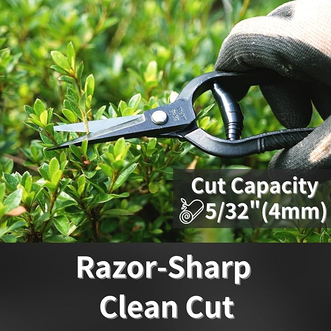 Bonsai Trimming Scissors 6.8" Made in JAPAN, Garden Plant Trimming Shears, Hand Forged Japanese Carbon Steel Blade, Spring Loaded Handle, Black