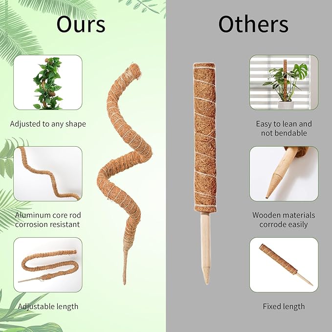 LveSunny 2 Pack Moss Pole for Monstera, Bendable 29" Coco Coir Plant Support with Rustproof Aluminum Core, Plant Support Stakes for Climbing Indoor Plants, Pothos, Philodendron