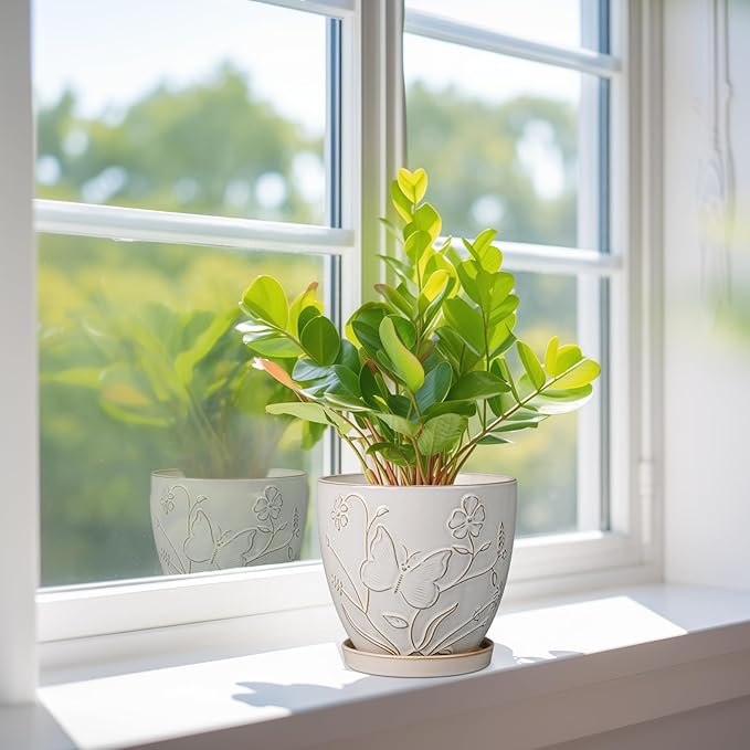 MPotTo 6 Inch Ceramic Plant Pot for Indoor Plants Outdoor Round Planter Flower Pot with Drainage Hole and Saucer for Home Garden Office Decor White