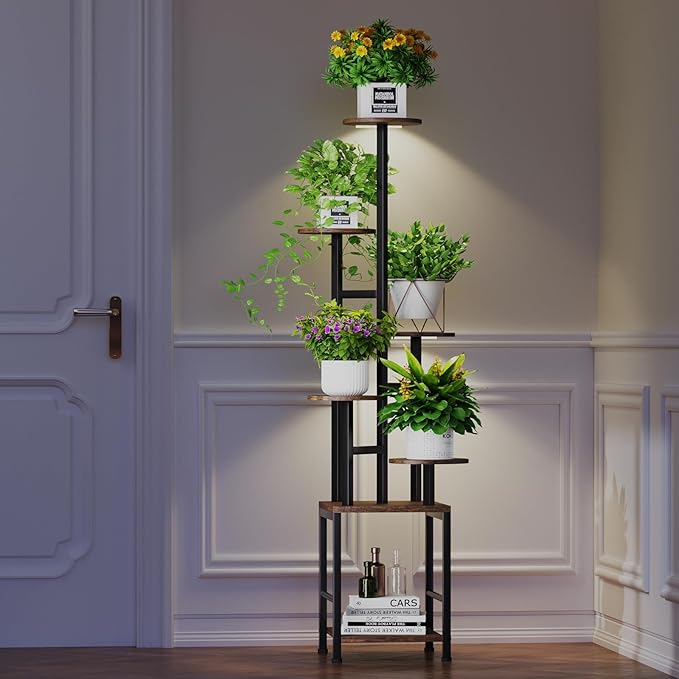 Homsorout Plant Stand Indoor with Grow Light,6-Tiered Tall Plant Stand Indoor, Metal Plant Shelf with Adjustable Light, Ideal for Living Room, Garden, Patio (Black Brown)