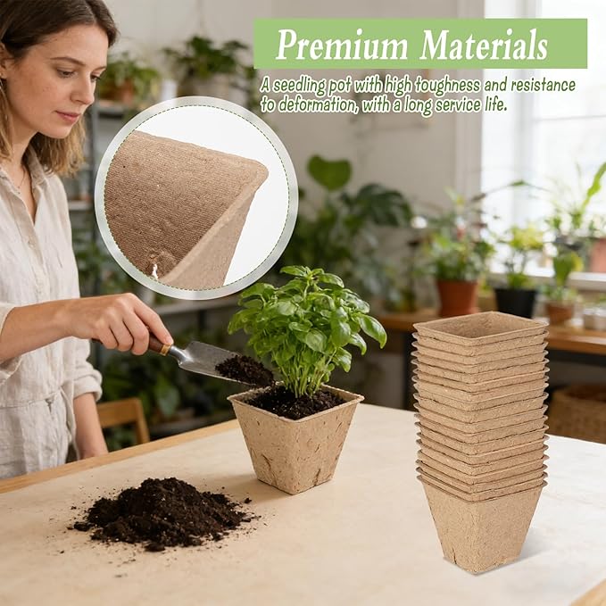 100 Pcs Square Nursery Pots with Drain Holes and 6 Pcs Plastic Plant Growing Trays and Plant Labels, Seed Starter Kit Propagation Tray Seed Starting Pots for Seedling Plant Growing