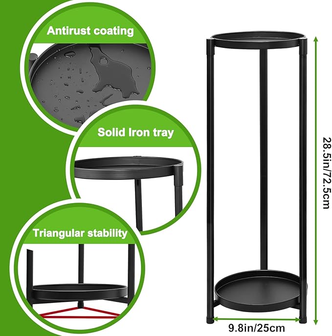 2 Tier Round Tall Metal Plant Stand indoor outdoor, Rustproof Round Planter Display Storage Rack, Heavy Duty Potted Holder for Home Garden Patio Bathroom Living Room(Black)