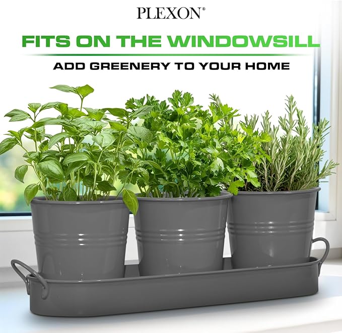 Plexon Herb Planter Indoor Garden Set of 3 with Tray, Metal Herb Pots for Indoor Plants, Round Kitchen Garden Kit Ideal for Windowsill Planter or Countertop, Gray Powder Coated