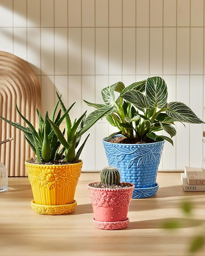 Metahom Ceramic Plant Pots, 3.8+4.9+5.8 Inch, Set of 3 Flower Pots with Drainage Hole & Saucer, Embossed Planter Pots for House Plants, Home Decor, Set of 4, Assorted Colors