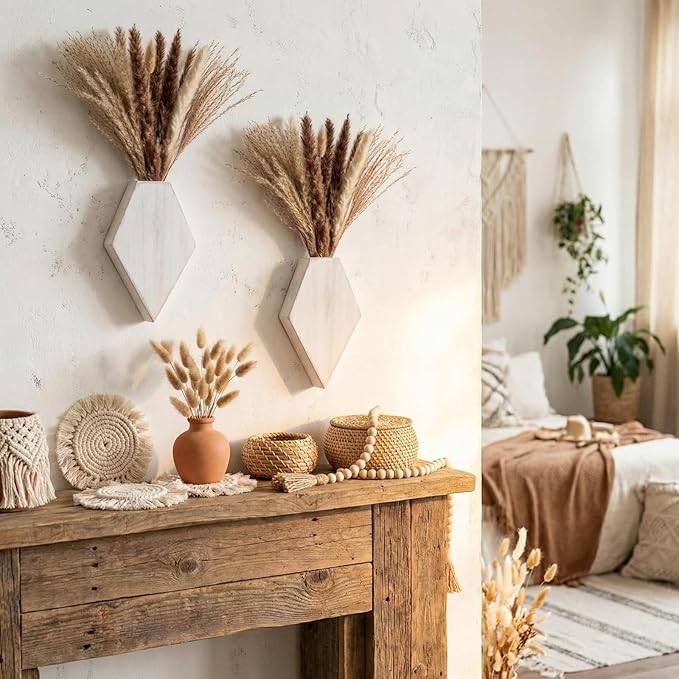 2 Pcs Bohemian Wooden Wall Planter Set with Pampas Grass Modern Farmhouse Wall Decor for Living Room, Bathroom, Bedroom, Office(White Distressed,Regular Style)