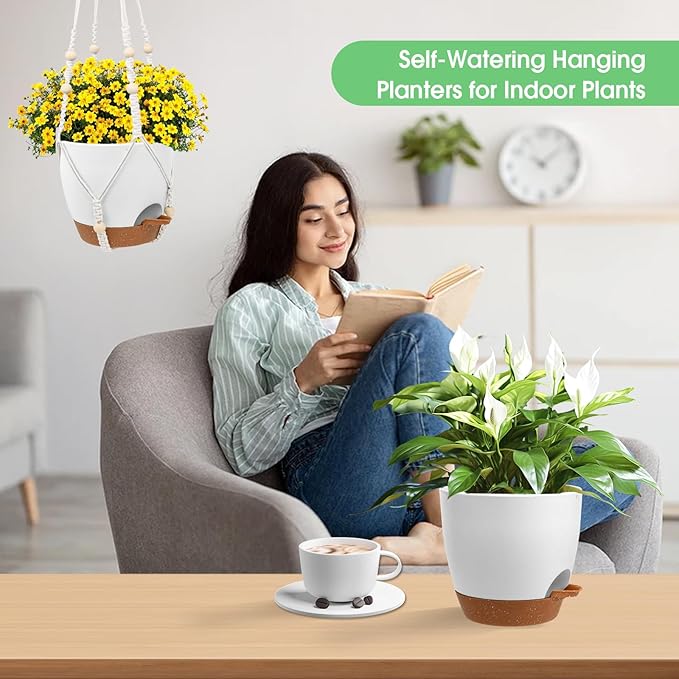 Vanslogreen Hanging Planters for Indoor Outdoor Plants, 2 Pack Self Watering Hanging Pots, Hanging Plant Baskets with Drainage Holes & 2 Types of Plant Hangers (Green, 6'')