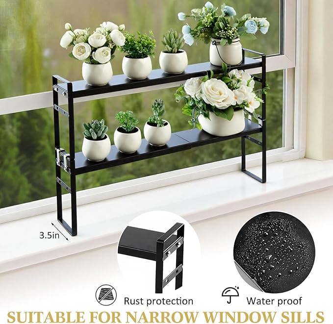 1 Pcs Expandable Window Sill Plant Shelf, 13.7 x 3.5 x 7.28 Inches, Stackable Narrow Over The Sink Shelf, Adjustable Height Metal Window Sill Extender Shelves for Kitchen Bathroom (Black)
