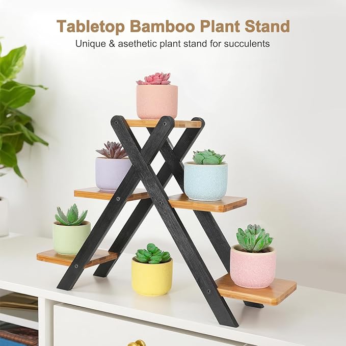 Jotsport Multi-Tier Bamboo Plant Stand for Mini Succulents Windowsill Plant Shelf Tabletop Kitchen Small Planter Pots Display Stand
