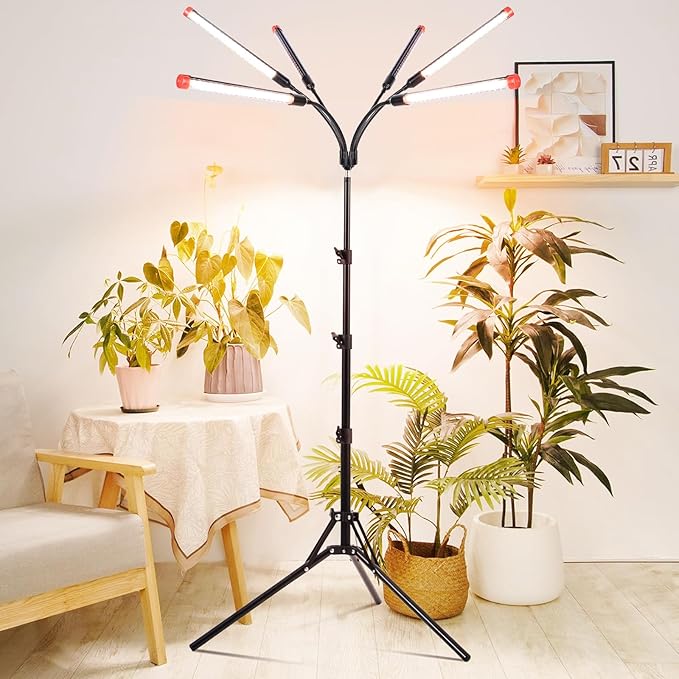 FRGROW 6Head Grow Light with Stand for Tall and Large Indoor Plants, Bonsai Tree, Big Coverage and Bright Plant Growing Lamps, 4/8/12/16/20H Timer, 54 Watt Power Draw, NO Need Adapter, 360° Gooseneck