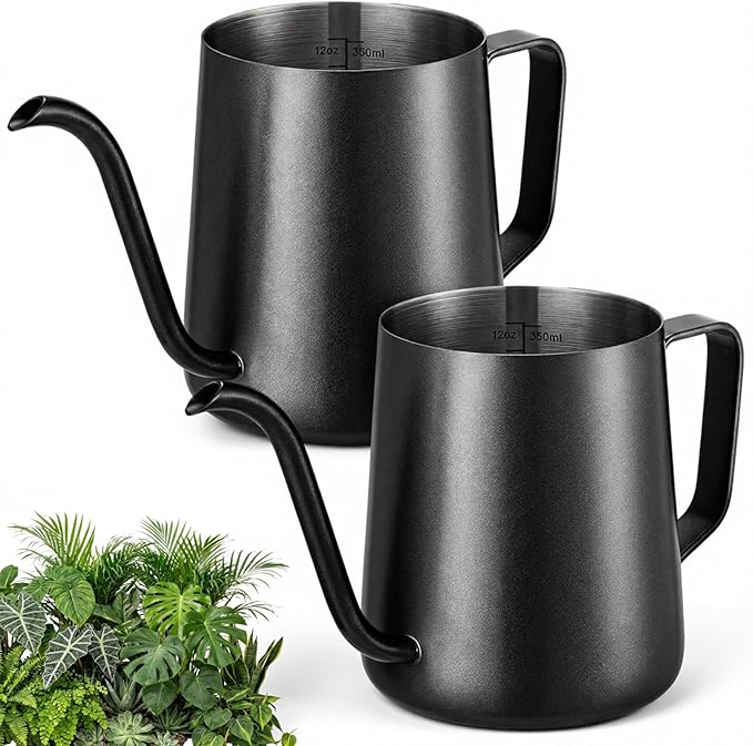 2 Pcs Small Watering Can for Indoor Plants, 12 Oz/350 ml Mini Plant Watering Pot with Long Spout and Scale 304 Stainless Steel Tiny Watering-can for Outdoor Indoor Plants Garden(Black)