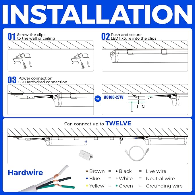 Barrina T5 LED Ceiling Light Fixtures, 2FT, 5000K (Daylight White), 1100LM, 10W, Corded Electric with Built-in ON/Off Switch, Linkable LED Shop Lights for Garage, Workshop, ETL Listed, 6 Packs