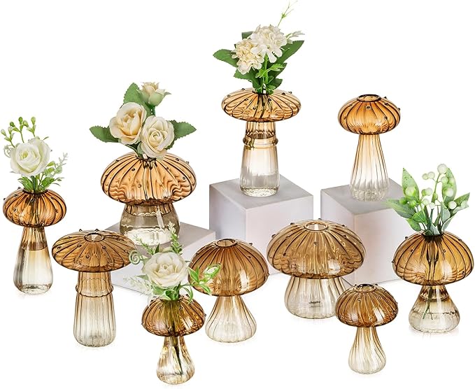 Glasseam Amber Glass Mushroom Vase: Cute Small Flower Vase Set of 10 Unique Mini Bud Vases for Centerpieces Decorative Vases for Flowers Funky Plant Vase Decor