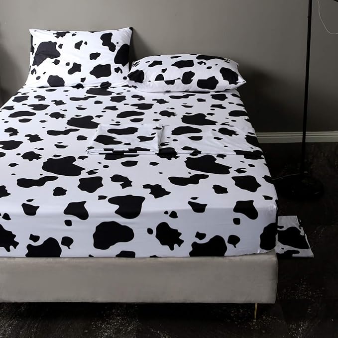 Kids Cute Cow Bed Sheet Set with 2 Pillowcase 1 Fitted Sheet 1 Flat Sheet Full Size Children Cartoon Milk Cow Animal Bedding Set for Boys Girls Bedroom Decor Lovely Black White Bed Cover Microfiber