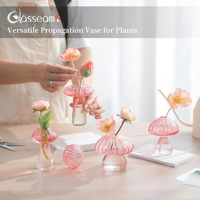 Glasseam Mushroom Plant Propagation Stations: Pink Glass Terrarium Jar Set of 10 Cute Planters for Indoor Plants Mini Propagate Station Unique Christmas Birthday Gifts for Women Home Office Decor