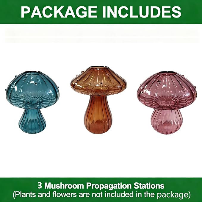Glass Mushroom Propagation Planter - Set of 3 Cute Plant Propagation Stations for Indoor Plants, Unique Small Hydroponic Vase Jars Mini Terrariums for Window Living Room Bathroom Shelf Decor