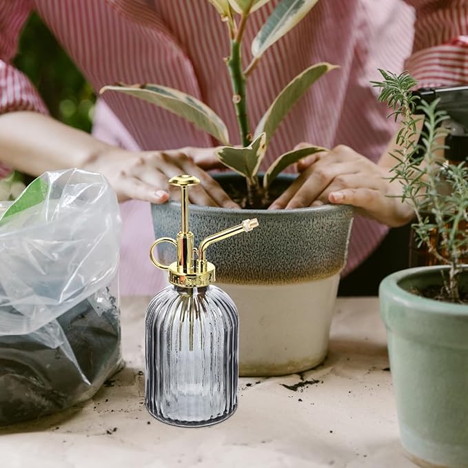 KALLORY Vintage Glass Plant Mister with Gold Pump Large Capacity Watering Spray Bottle for Indoor Outdoor Garden Plants Succulents Bonsai and Desktop Use
