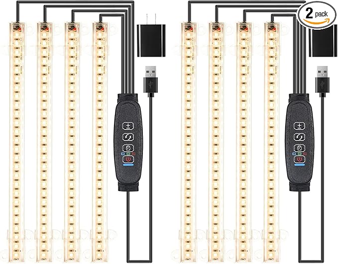 RWNTAO 8.6 Inches LED Plant Growing Light Strips, Full Spectrum 3000K Grow Light for Indoor Plants with 3/9/12H Timer, 10 Dimmable Levels for Seedling Succulent and Plant Shelf (4 Head×2pcs)