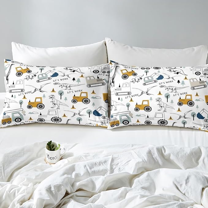 Feelyou Construction Comforter Set Twin Kids Cartoon Car Excavator Tractor Toddler Comforter Equipment Trucks Dinosaur Comforter Set Construction Vehicles White Yellow Duvet Set with 1 Pillow Case