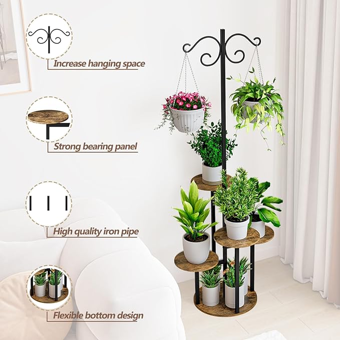 INGIORDAR Plant Stand Indoor Outdoor Corner Plant Shelf for Multiple Flower Pots Flower Stand Holder for Patio Garden Balcony Living Room (Black+Rustic Brown, 5 Tier with Hook)
