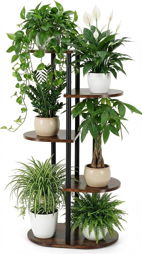 Tiered Plant Stand Indoor, Tall 5 Tier 6 Potted Wooden Plant Shelf for Multiple Flower Plants, Multi Corner Metal Plant Holder Indoor for Patio Garden Patent Design Living Room Balcony Bedroom, Rustic Brown