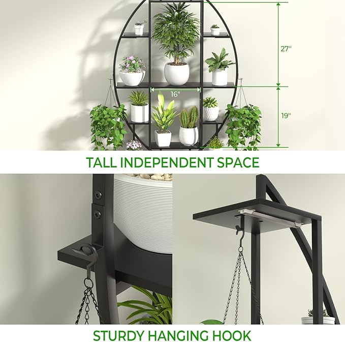 Plant Stand Shelf Indoor with 6 Grow Light, 7 Tiered 65" Tall Black Large Half Moon Lighted Plant Rack Holder, 2 Pack Big High Circular Arch Multi Herb Stand with Built in LED Grow Light Set