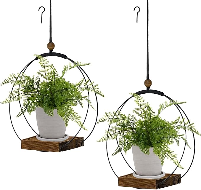 hismocal Hanging Planter for Indoor Plants,Plant Hanger with Sturdy Wood Base & Pot, Modern Boho Macrame Plant Hanger,Wall Ceiling Window Stands(2 Pack+Pots)