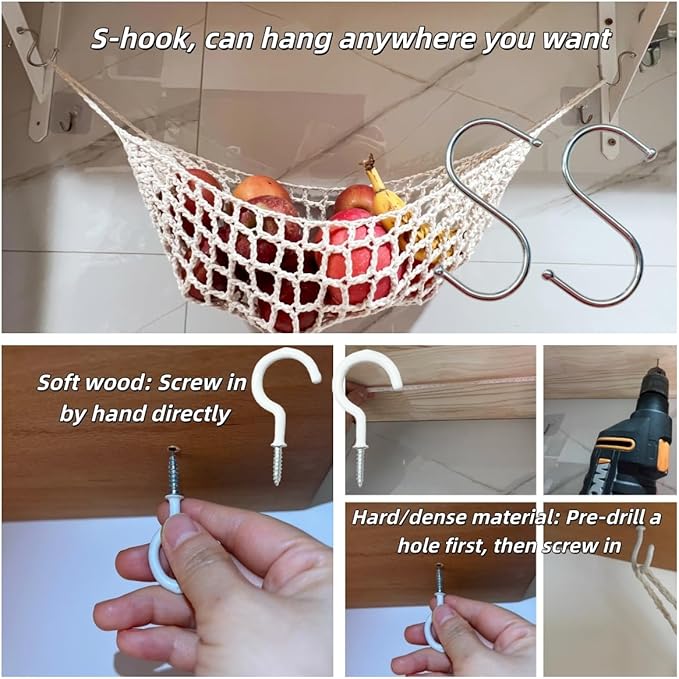 2-Pack Hanging Fruit Hammock with Hooks - Macrame Under Cabinet Veggie Banana Basket, Hand-Woven Boho Fruit Holder, Save Counter Space for Kitchen Home RV Boat (Ivory)