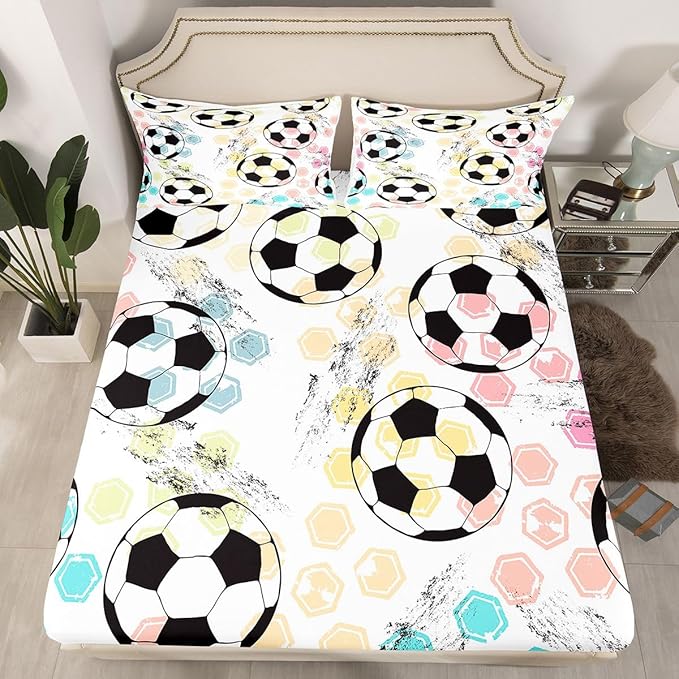 Feelyou Twin Sheet Set Kids Football Bed Sheet Set for Boys Girls Bedroom Soft Microfiber Soccer Ball Sports Theme Decor Bed Sheets 3D America Football Games Bedding Set with Deep Pocket Fitted Sheet