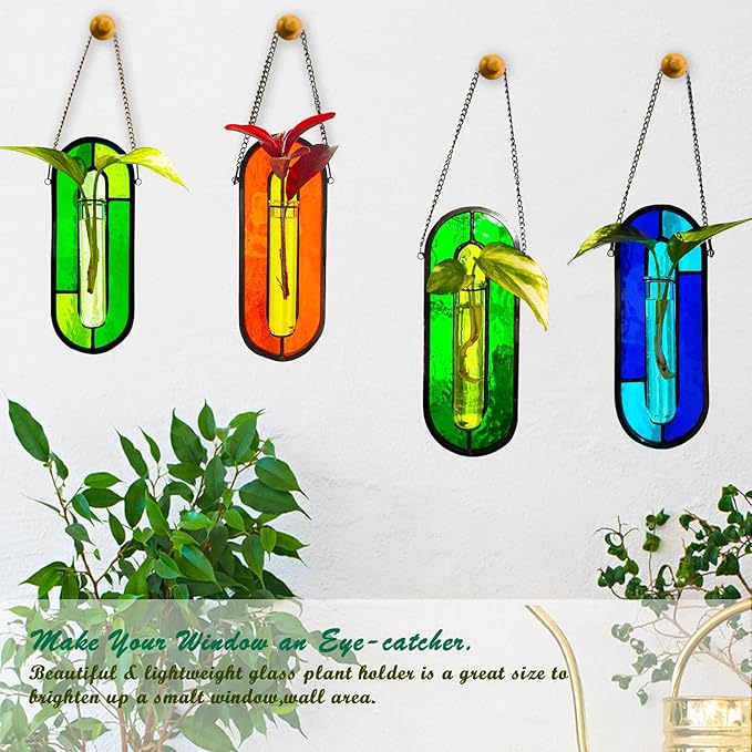 LITMIND Multi-Color Stained Glass Propagation Station - Handcrafted Translucent Suncatcher Planter with 2 Tubes, Hanging Hydroponic Decor for Windows & Garden, Indoor Outdoor Use, 7x2.5 Inches