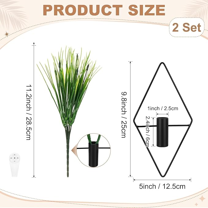 M METERXITY 2 Set Plant Wall Decor, Hanging Planters with Artificial Aquatic Plant Metal Hanging Vase Diamond Shape Wall Planter Holder Boho Room Decor for Garden/Backyard/Room [Black]