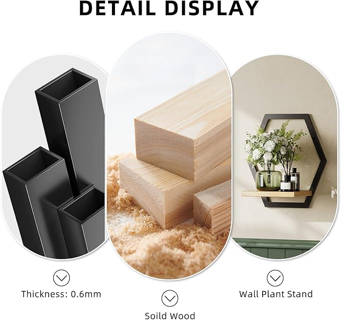 3 Pack Solid Wood & Heavy Duty Metal Wall Plant Stands,9 inch Natural Wood Shelf, Boho Arch Hanging Planter for Indoor 25 LB Load for Plants Black